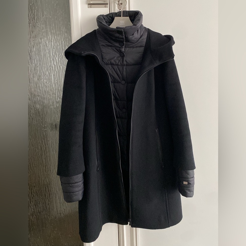 Soia & Kyo black Rooney mixed media quilted bib layered wool coat Medium Med M